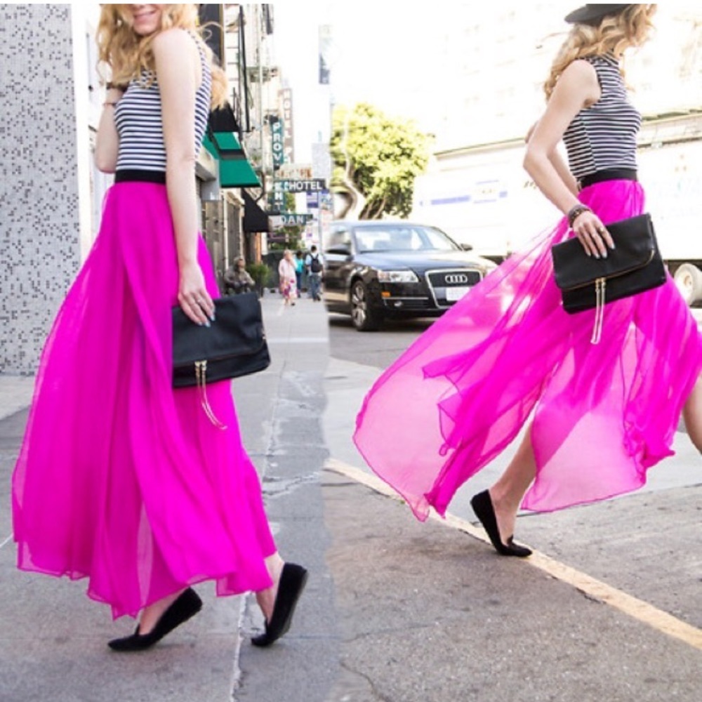 Plastic Island chiffon hot pink sheer long maxi skirt M Medium